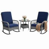 Garvee 3-Piece Patio Bistro Set with Swivel Rocking Chairs, All-Weather PE Rattan Outdoor Conversation Set with Glass Side Table & Blue Cushions for Porch, Patio, Garden, Backyard, Balcony – Gray Rattan - Gray Rattan & Blue Cushion