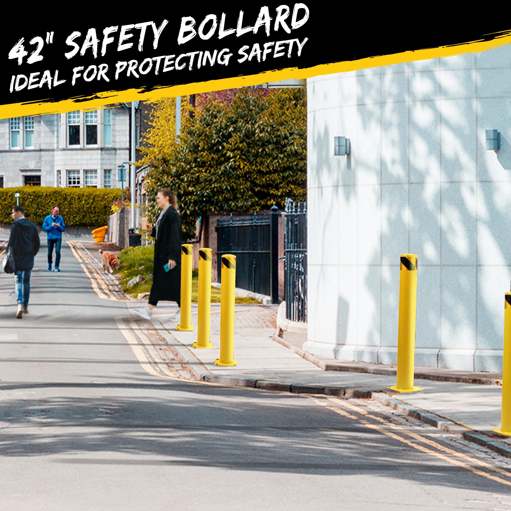 Garvee 42 Inch Steel Safety Bollard Post with Reflective Tape, High Visibility, Durable Q235 Steel, Weather-Resistant, Easy Installation, Ideal for Parking Lots, Warehouses, Driveways