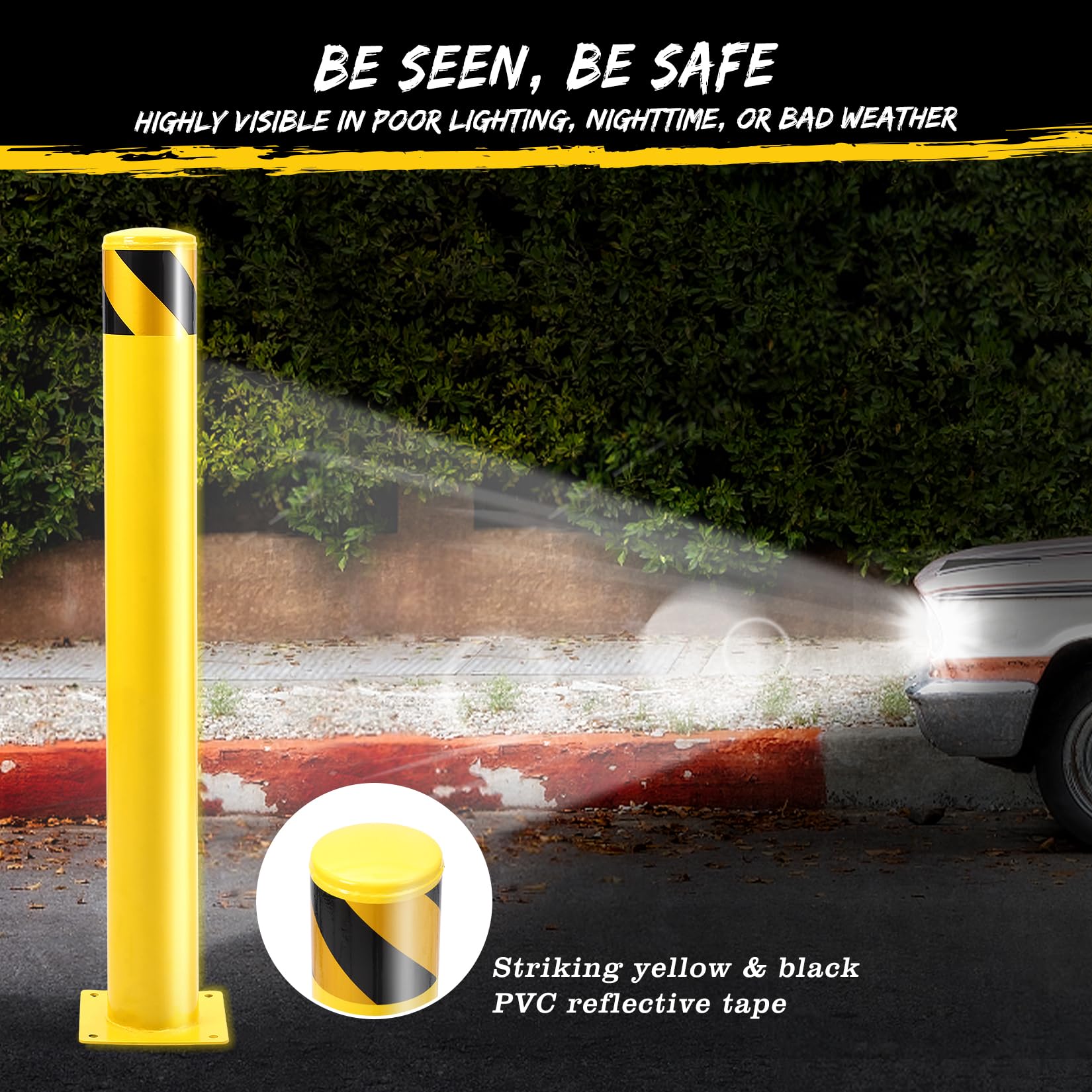 Garvee 42 Inch Steel Safety Bollard Post with Reflective Tape, High Visibility, Durable Q235 Steel, Weather-Resistant, Easy Installation, Ideal for Parking Lots, Warehouses, Driveways
