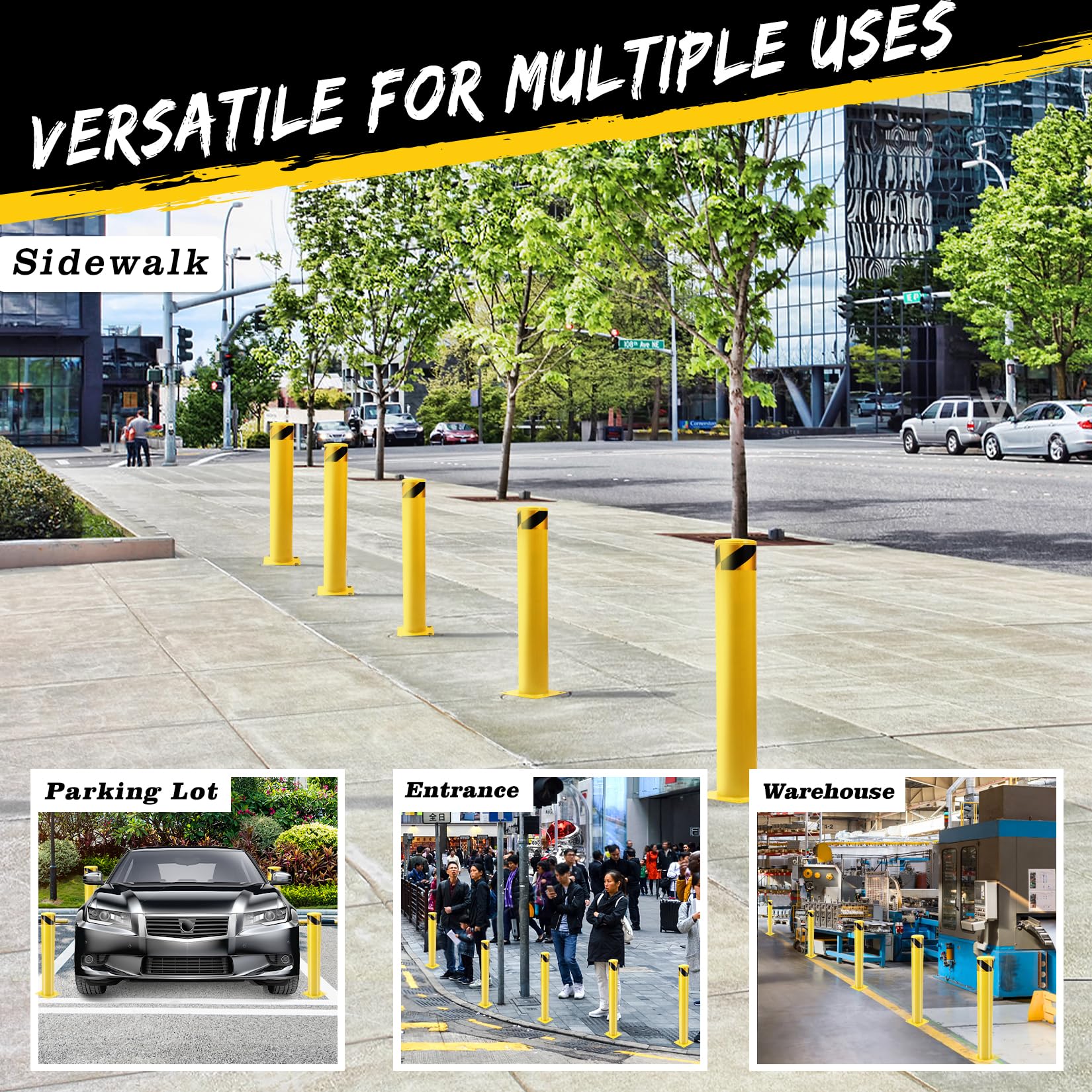 Garvee 42 Inch Steel Safety Bollard Post with Reflective Tape, High Visibility, Durable Q235 Steel, Weather-Resistant, Easy Installation, Ideal for Parking Lots, Warehouses, Driveways