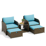 GARVEE 5-Piece Outdoor Rattan Sofa Set, Loveseat Sectional Patio Furniture Set with 2 Cushioned Ottomans & Tempered Glass Coffee Table,  Blue - Blue