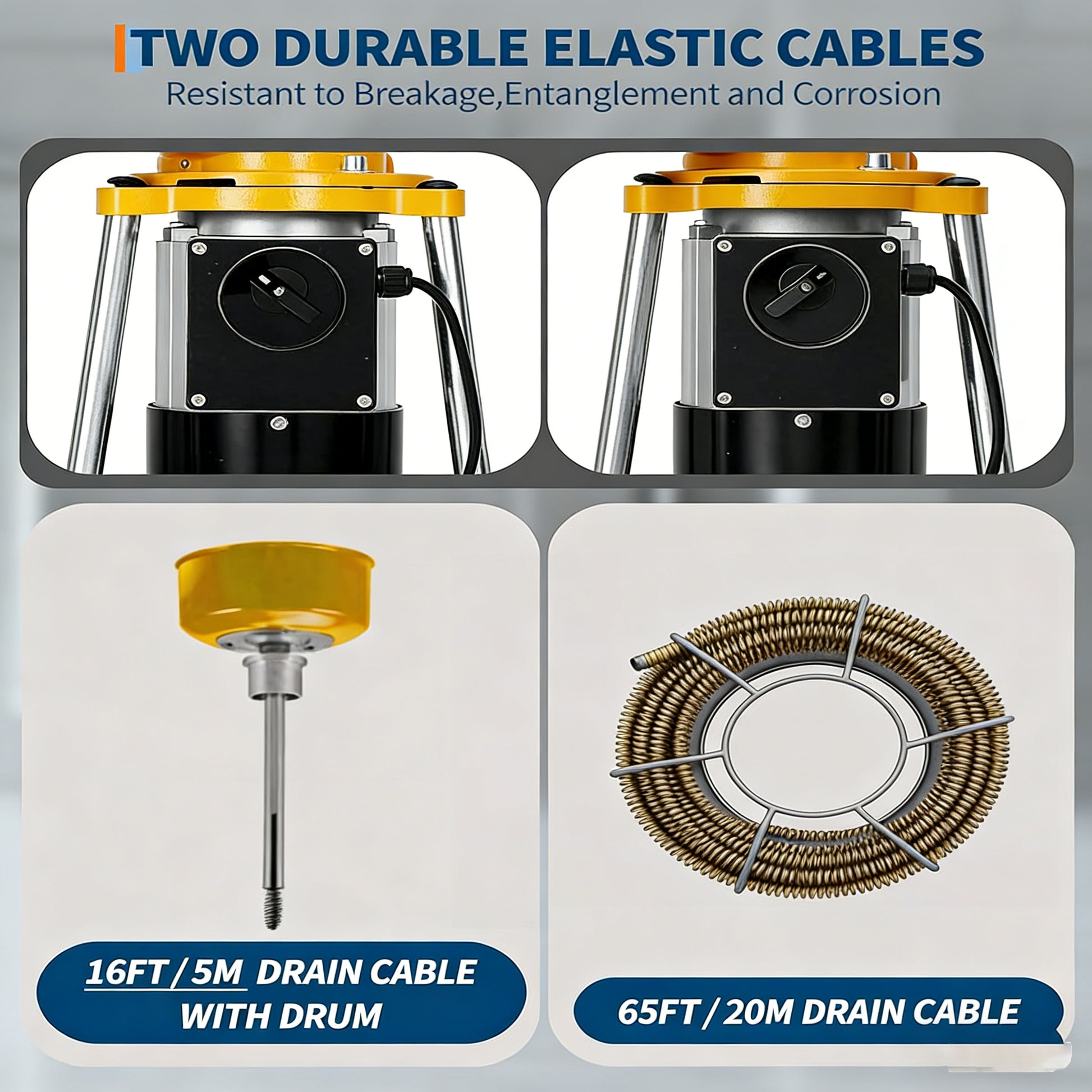 Garvee Drain Auger Sewer Snake - Portable Electric Drain Cleaner with Auto Feed, 500W Motor, Steel Cables & 6 Cutters, Heavy-Duty Steel (Yellow), for 1.6"-4" Pipes, Ideal for Home & Professional Use
