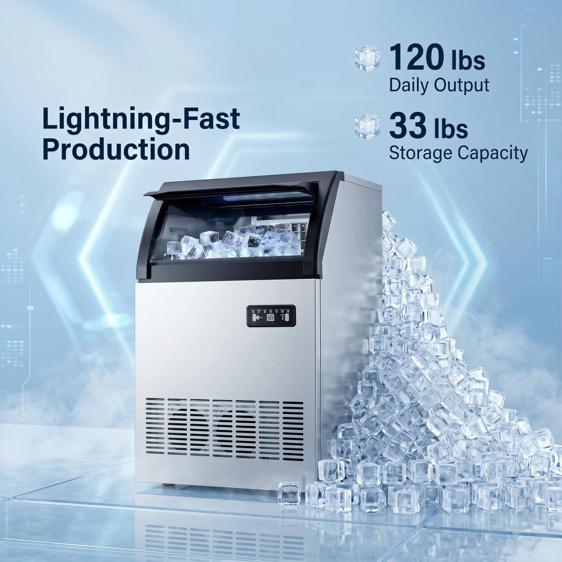 GARVEE Ultra-Quiet 120Lbs Ice Maker with Dual Water Inlet, 33Lbs Storage, perfect for Restaurants,Cafes, Hotels & Events