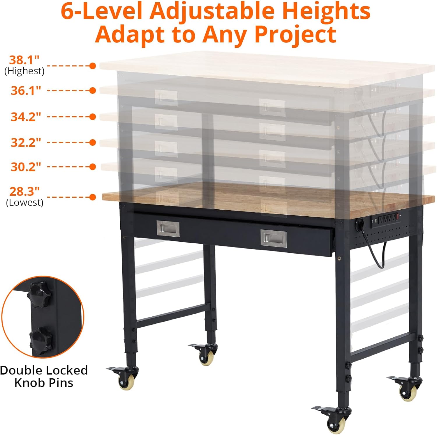 GARVEE Workbench, 2000 lbs Load Capacity, 48 x 24 Inch Rubber Wood Top Work Bench with Drawer Storage, Backplate, Power Outlets & Hooks, Heavy-Duty Workstation for Garage, Workshop, Office