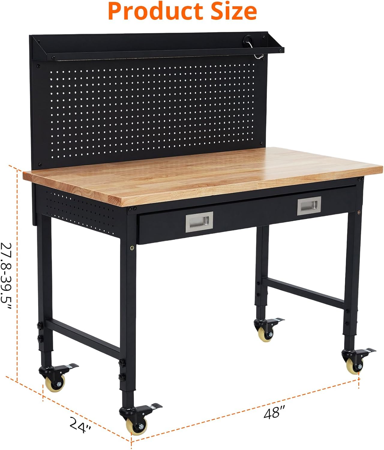 GARVEE Workbench, 2000 lbs Load Capacity, 48 x 24 Inch Rubber Wood Top Work Bench with Drawer Storage, Backplate, Power Outlets & Hooks, Heavy-Duty Workstation for Garage, Workshop, Office