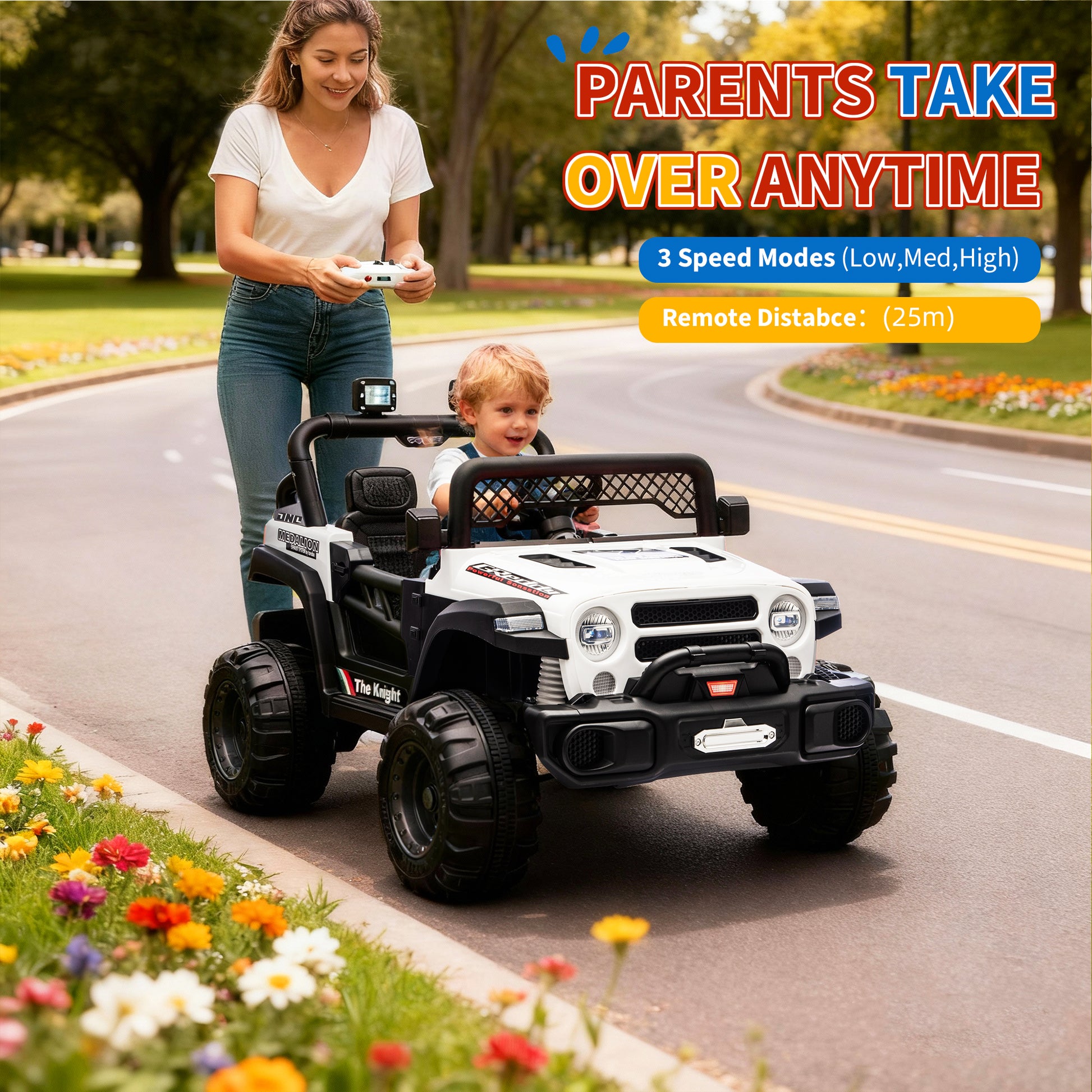 Garvee 12V Kids Electric Ride-On Truck – Dual Motors, 3 Speeds, Remote Control, Spring Suspension, LED Lights, Music, Safety Belt, Storage – Battery Powered Car Toy for Boys & Girls Ages 2-8, White