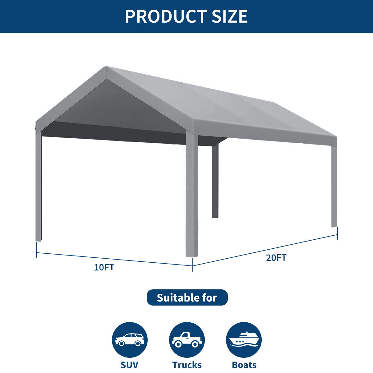 Garvee 10'x20' 160G Heavy-Duty Carport Replacement Cover Waterproof UV Protected for Garage Tent Shelter Outdoor Grey (Frame Not Included)