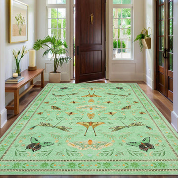Garvee 9' x 12' Large Botanical Insect Area Rug, Washable Non-Slip Soft Low-Pile Moth, Butterfly & Dragonfly Rug for Living Room & Dining Room, Light Green