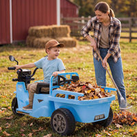 Garvee Ride P Series 3-Wheels Electric Tricycle w/Trailer, 12V Battery Powered Kids Motorcycle with Sand Shovel, 2x55W Motors, Bluetooth, Music, Headlight, Ride on Motorcycle for Kids Toddlers, Gift for Boys Girls, Light Blue