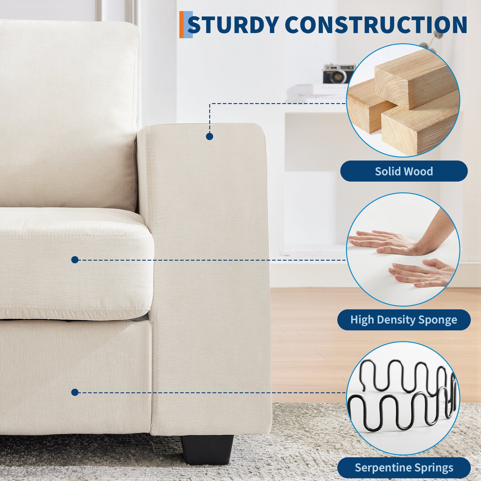 Garvee 71" Chenille Fabric Sofa Modern Comfort Sofa with USB/Type-C Ports, Deep Seat Cushions, Removable Cover, Wide Armrests Ideal for Living Rooms, Small Spaces, and Apartments - Beige