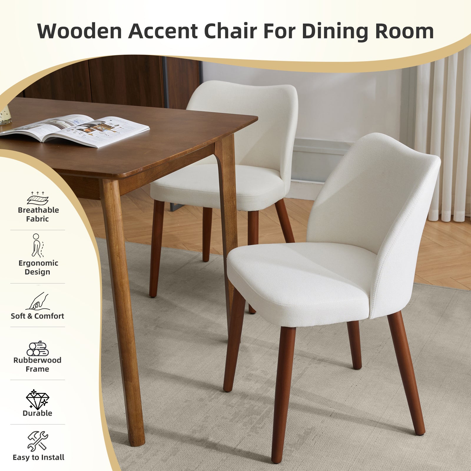 Garvee Set of 2 Mid Century Modern Linen Dining Chairs with Wood Legs for Dining Room, White