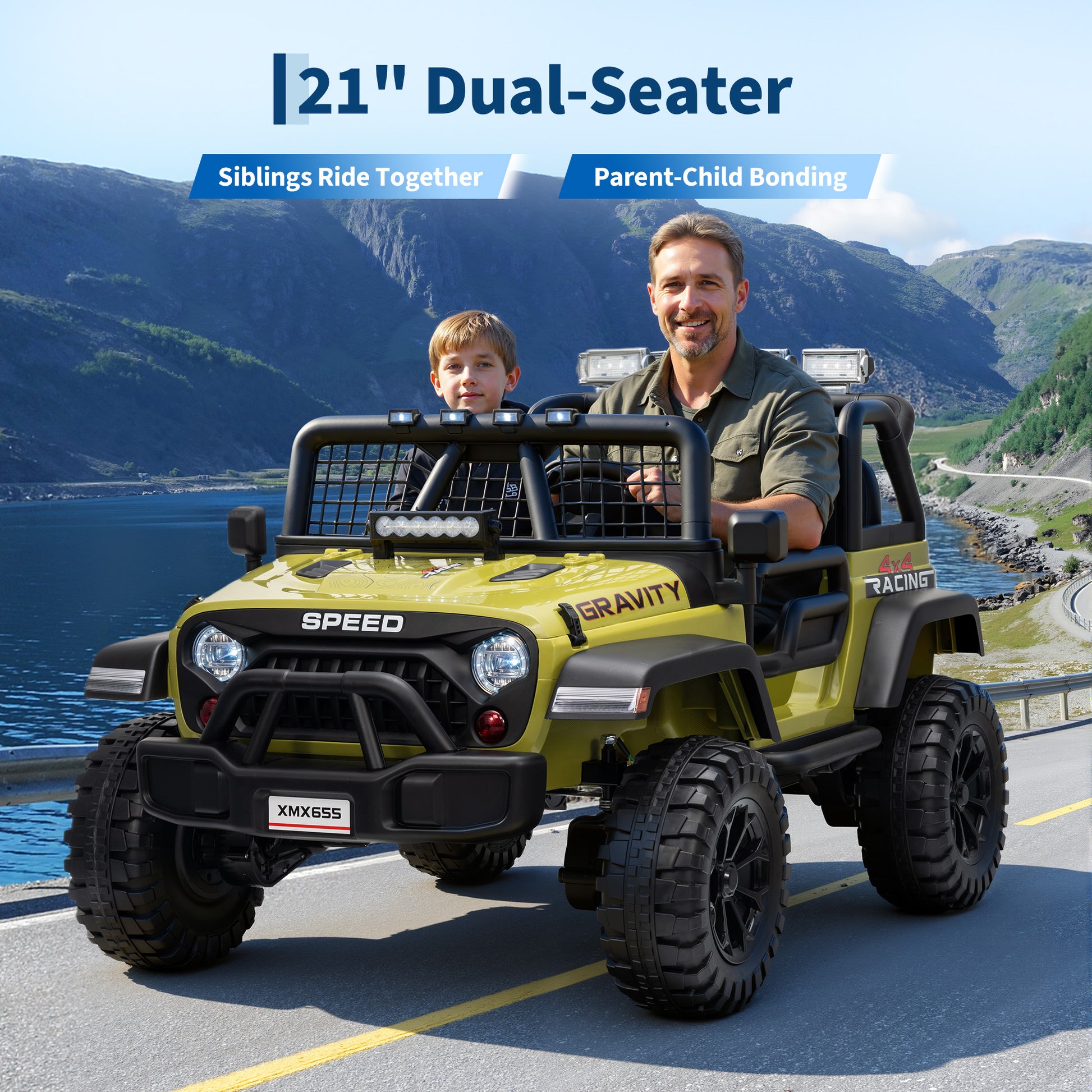Garvee Ride - P Series: 2 Seater Ride On Car for Kids, 24V Electric Truck with Parent Remote Control, Spring Suspension, 2 Speeds, LED Headlight & Music Player, Kids Electric Vehicle for Aged 3-8 Years