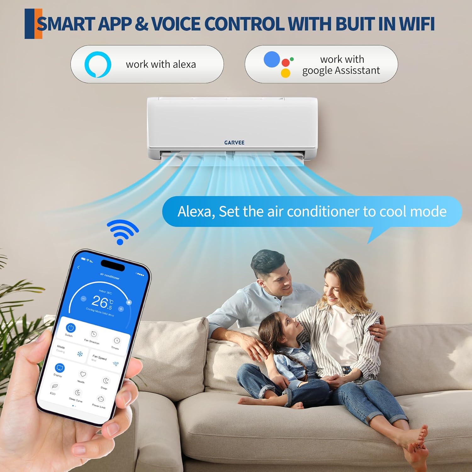 Garvee 12000 BTU Mini Split Air Conditioner with Heat Pump – 18.5 SEER2 – Ductless – WiFi Smart Control – Alexa Compatible – Low Noise – Cools & Heats up to 750 Sq.ft – 208-230V – US Standard