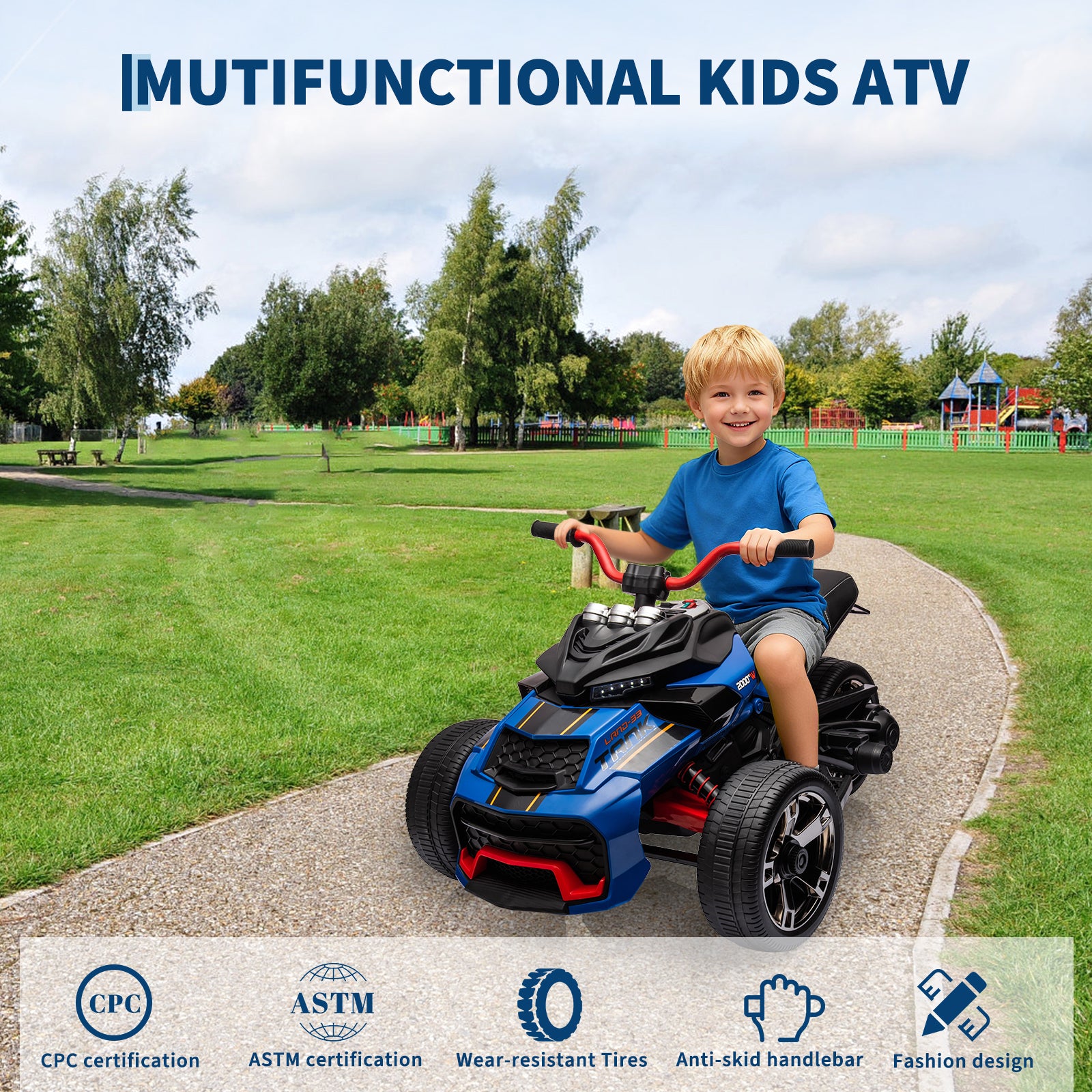 Garvee 12V Kids Ride on Toy for Kids, 2x55W Powerful Engine 7AH Battery, 3 - 7 km/H, 3 Wheelers Electric Vehicle, LED Lights, 2 Speeds, EVA Tire, Music, USB - Blue