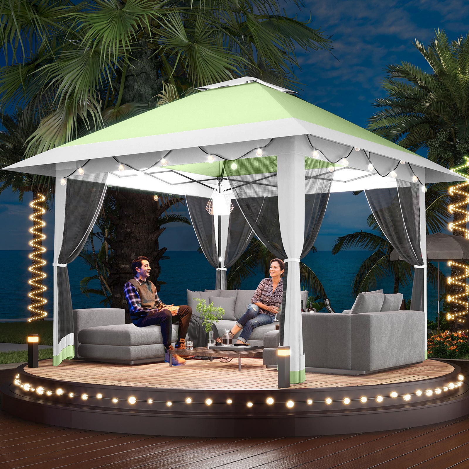 Garvee 13'x13' Quick-Setup Pop-Up Canopy Tent with Mosquito Netting Foldable Shelter for Backyards, Parties, Camping & Commercial Use, (Green+ Light Grey)