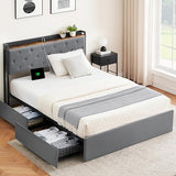 Garvee Full Size Velvet Bed Frame with Storage Drawers, Charging Station, Wooden Slats, No Box Spring Needed, Ideal for Bedrooms - Gray
