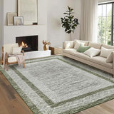 Garvee Bordered Green 5x7 Modern Area Rug Distressed Washable Non-Slip Thin Carpet, Soft Low-Pile Contemporary Green Rug for Living/Dining Room - Green