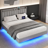Garvee King Size Floating Bed Frame with LED Lights, Upholstered Platform King Bed Frame with Charging Station & Storage Headboard, No Box Spring Needed, Gray - Gray