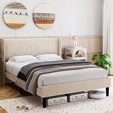 Garvee Queen Bed Frame, Upholstered Platform Bed with Wingback Headboard, Velvet Upholstered Bed Frame with 2 Storage Pockets, Strong Wooden Slat Support, Easy Assembly, Box Spring Optional, Beige - Beige