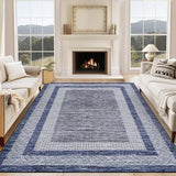 Garvee Bordered Blue 8x10 Large Washable Area Modern Rug Distressed Geometric Floor Carpet, Soft Non Slip Rug, Low Pile Non Shedding Rug, Indoor Blue Rug for Bedroom, Living Room - Blue