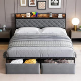 Garvee King Bed Frame with RGB LED Lights + 2 Drawers + Metal Slats + USB Ports & Outlets + Grey Upholstered Headboard + No Box Spring Needed + Bedroom - Gray