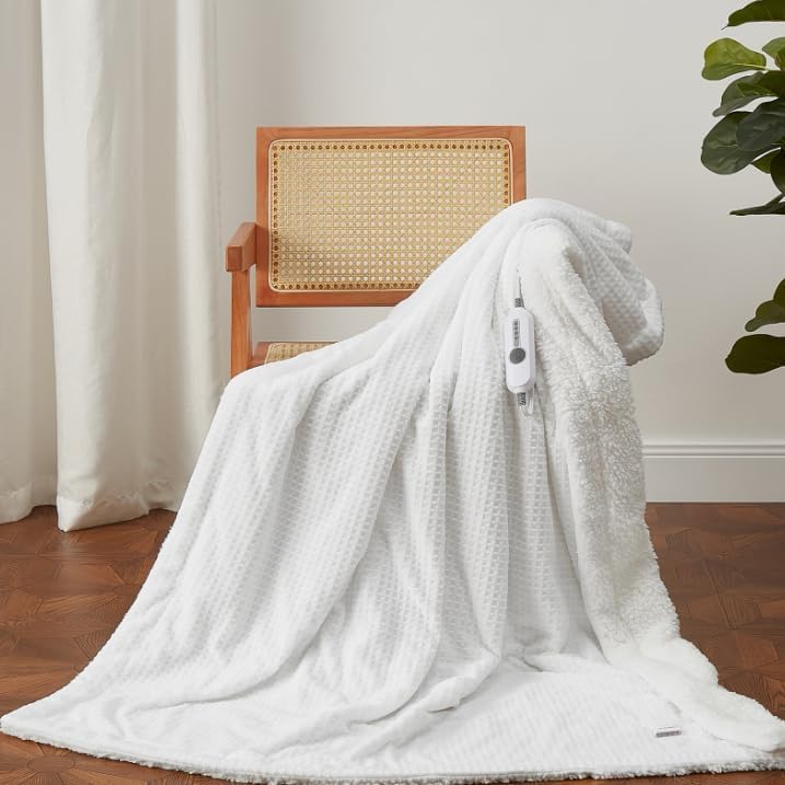 Garvee Electric Heated Throw Blanket, Waffle Textured Heating Blanket, Plush Flannel & Sherpa for Sofa, 4 Heat Levels, 4-Hour Auto Shut Off, Machine Washable, 50" x 60", White