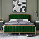 Garvee Queen Bed Frame Modern Upholstered Platform with Velvet Headboard and Gold Frame, Wooden Slat Support No Box Spring Needed in Gold and Green - Green
