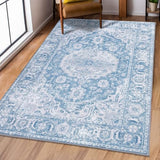 Garvee Vintage Distressed Teal Area Rug - Machine Washable, Non-Slip, Low Pile Polyester - Ideal for Living Room, Bedroom, High Traffic Areas - Blue