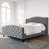 Garvee Tufted Upholstered Platform Bed Frame with Headboard and Footboard, Raised Wing Back Headboard, Mattress Foundation and Wood Slat Support, No Box Spring Needed(Queen, Grey) - Gray