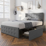 Garvee Full Bed Frame with 4 Storage Drawers, Adjustable Upholstered Headboard, Wood Slat Support, No Box Spring Needed, Modern Design, Quick Assembly - Gray