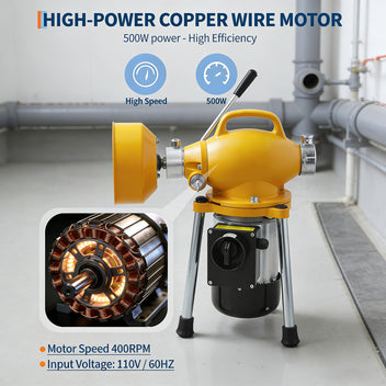 Garvee Drain Auger Sewer Snake - Portable Electric Drain Cleaner with Auto Feed, 500W Motor, Steel Cables & 6 Cutters, Heavy-Duty Steel (Yellow), for 1.6"-4" Pipes, Ideal for Home & Professional Use