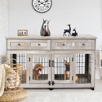 Garvee Dog Crate Furniture with Drawer, 5 Doors Wooden Dog Kennel End Table with Large Capacity Drawers,Dog House with Openable Divider for Small/Medium/Large Dog,Dog Cage,Side End Table Grey