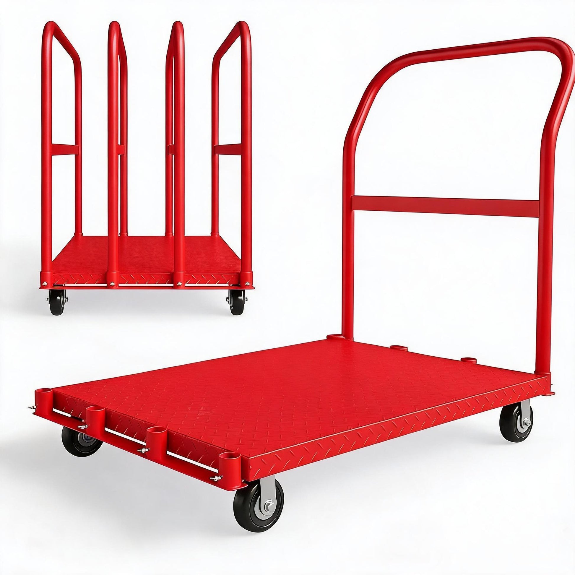 Garvee Heavy Duty Folding Platform Truck – 2000 lbs Capacity Steel Cart – 37x24" Flatbed with Side Handrails – 5" 360° Swivel Wheels – Easy Storage for Office & Warehouse – Red | Two Brake Wheels + Two Global Wheels