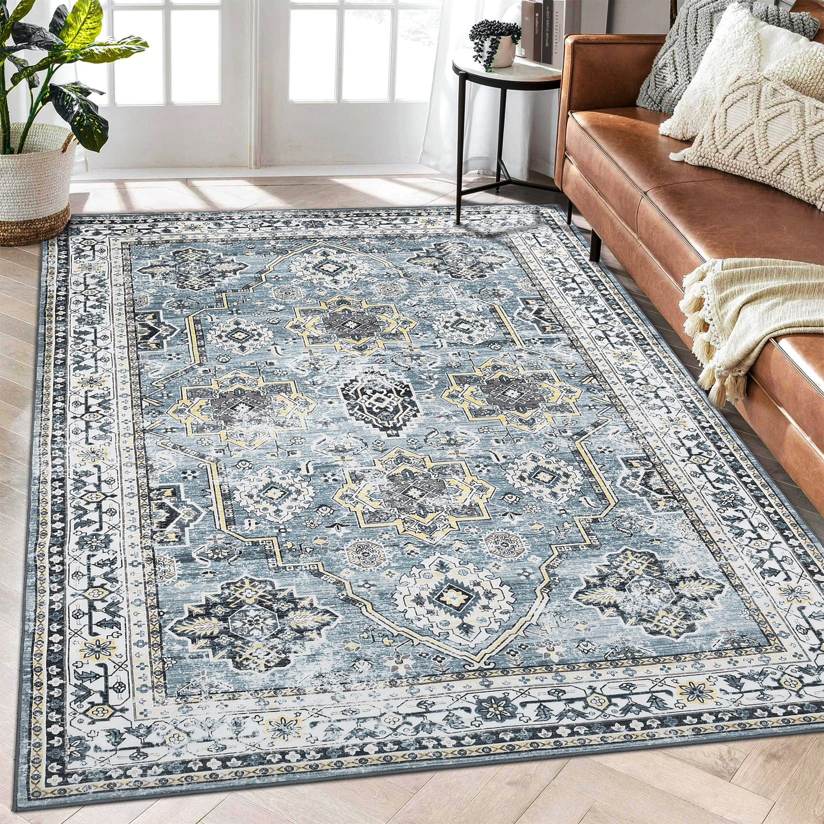 Garvee Boho Blue 6x9 Washable Rug, Oriental Vintage Non Slip Soft Faux Wool Stain Resistant Carpet for Living Room, Bedroom, Office