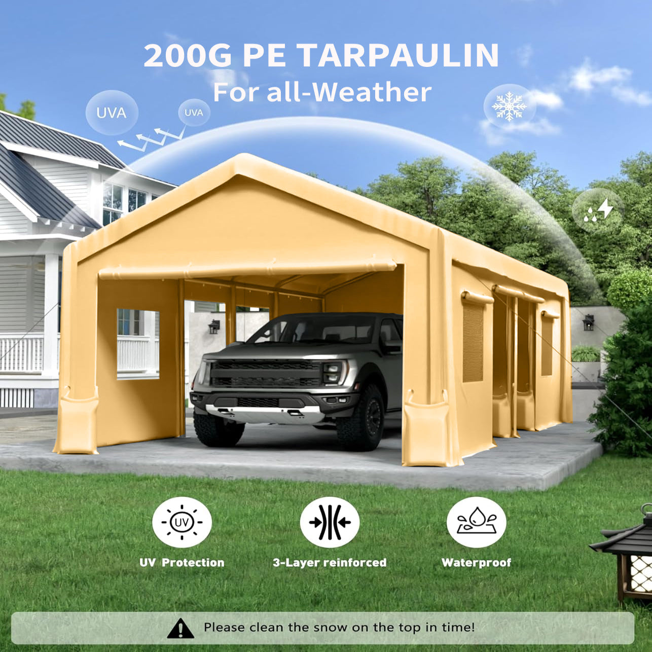 Garvee 13'x20' 200G Carport Top Replacement Cover , Heavy-Duty Garage Top Tent Shelter Tarp Waterproof & UV Protected (Top Cover Only, Frame Not Included), Yellow