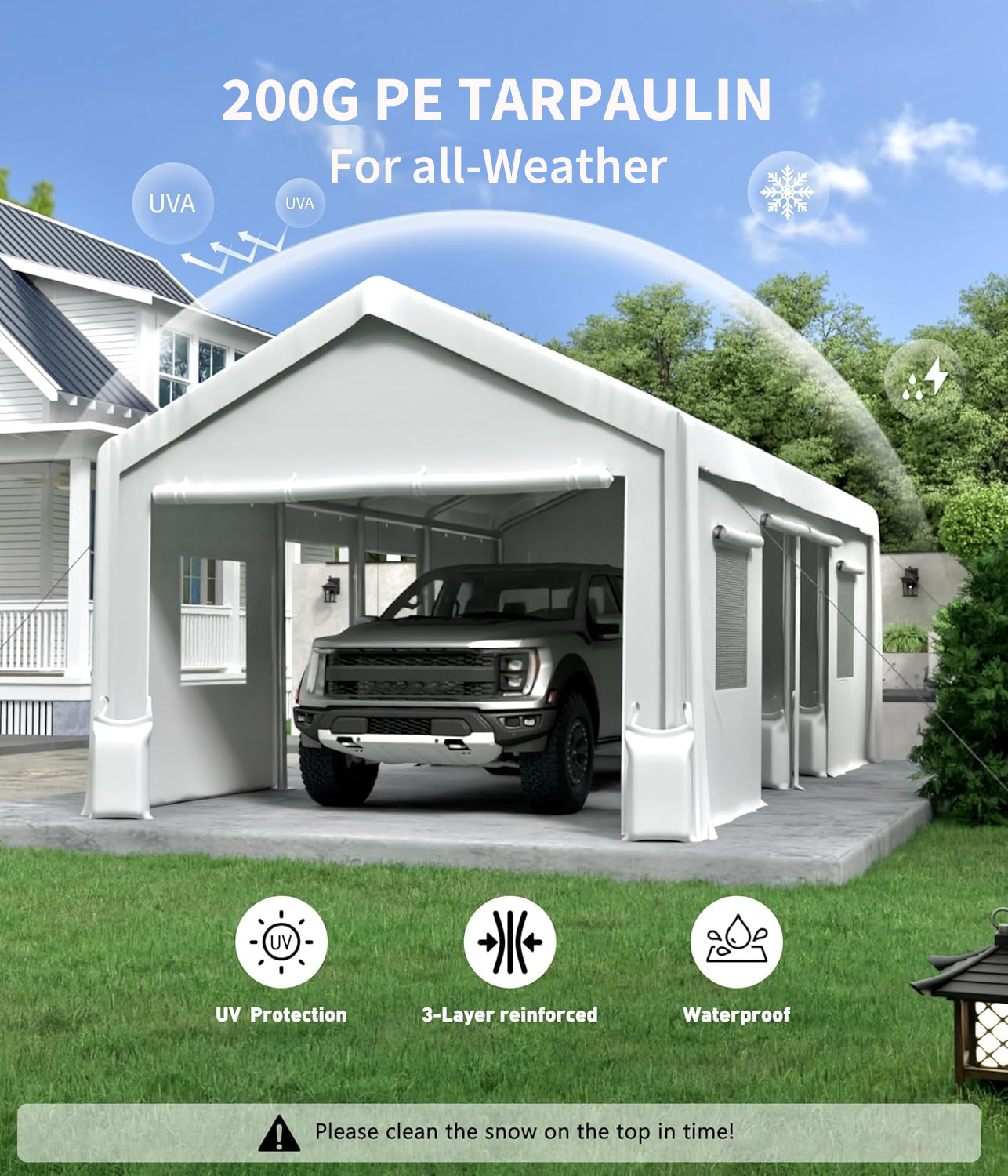 Garvee 13'x20' 200G Carport Top Replacement Cover , Heavy-Duty Garage Top Tent Shelter Tarp Waterproof & UV Protected (Top Cover Only, Frame Not Included), White