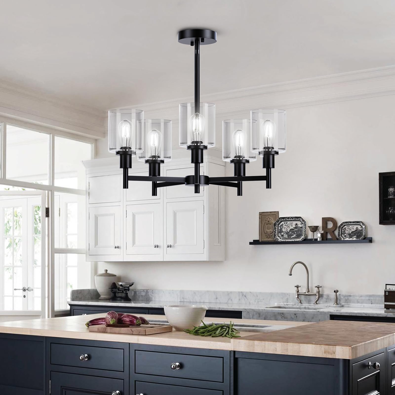 Garvee 5-Light Chandelier for Dining Room, Farmhouse Chandelier with Clear Glass, Height Adjustable Industrial Metal Hanging Fixture Pendant Ceiling Lighting for Foyer Living Room, Kitchen