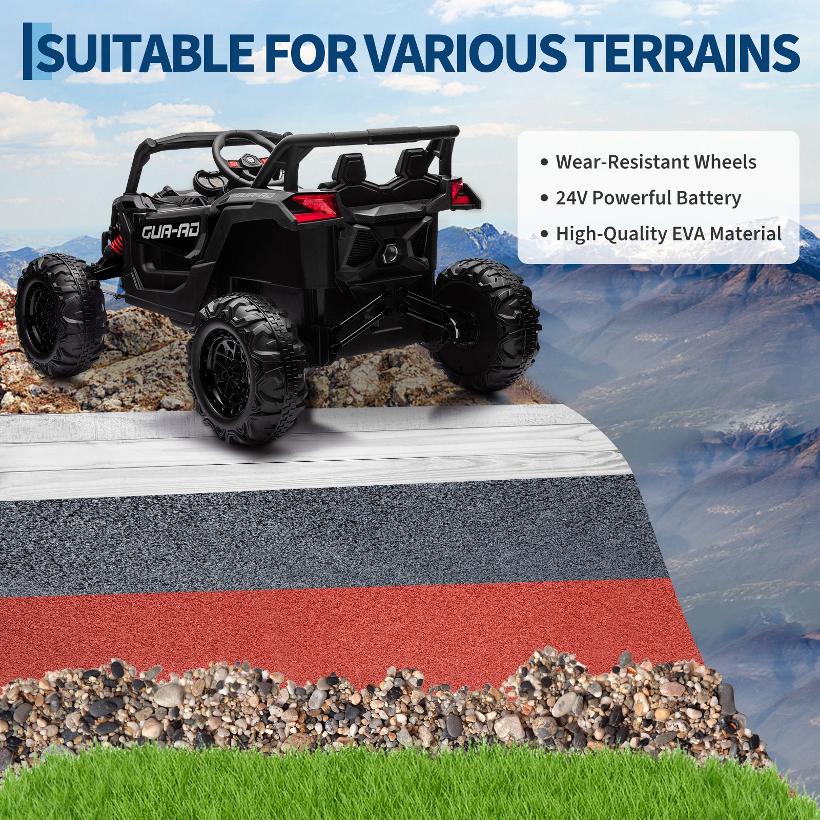 Garvee Ride - P Series: 24V Ride-On UTV: Remote Control, 200W Motor, Spring Suspension, Music, LED Lights, for Boys & Girls - Black