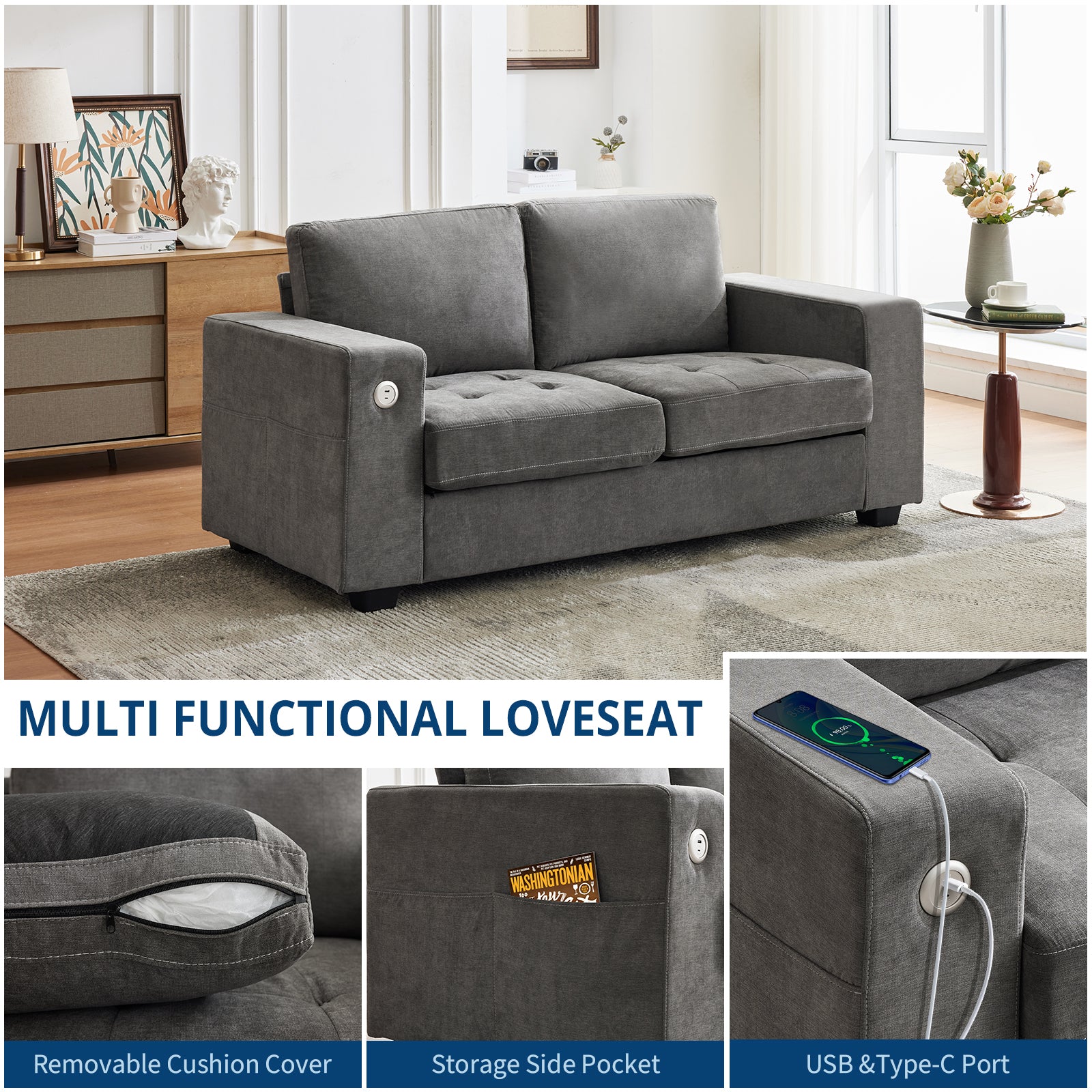 Garvee 71" Chenille Fabric Sofa Modern Comfort Sofa with USB/Type-C Ports, Deep Seat Cushions, Removable Cover, Wide Armrests Ideal for Living Rooms, Small Spaces, and Apartments - Grey