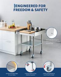 Garvee Heavy Duty Stainless Steel Commercial Work Table - 24x30 Inch - 3-Sided Detachable Backsplash - Adjustable Undershelf - Locking Casters - Mobile Food Prep Station for Restaurant, Kitchen, Garage, Bakery - Size: 24x30 inches