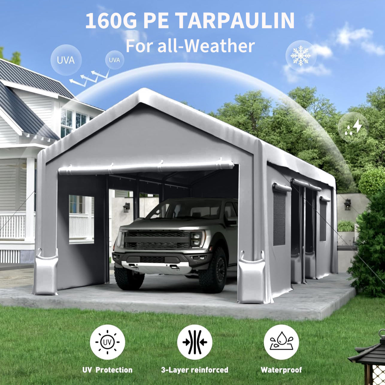 Garvee 13′ X 20′ 160G Heavy-Duty Carport Replacement Cover Waterproof UV Protected for Garage Tent Shelter Outdoor Grey (Frame Not Included)