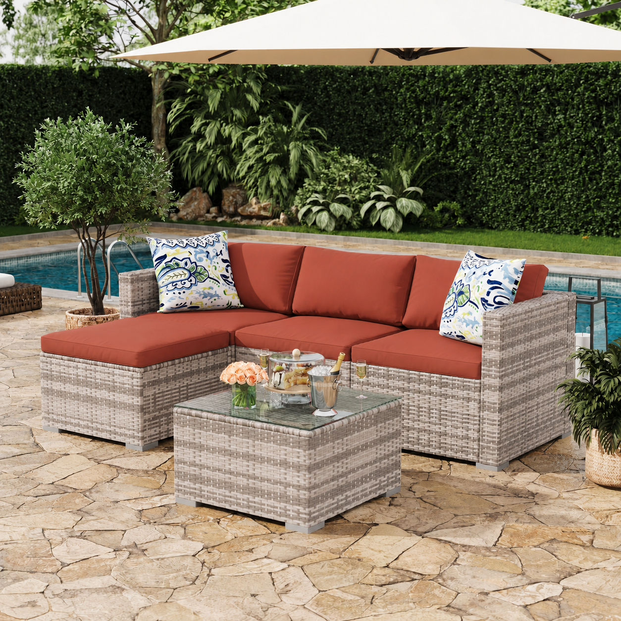 Garvee 5-Piece All-Weather PE Wicker Modular Patio Sectional Sofa Set with Ottoman, Glass Table & Red Cushions