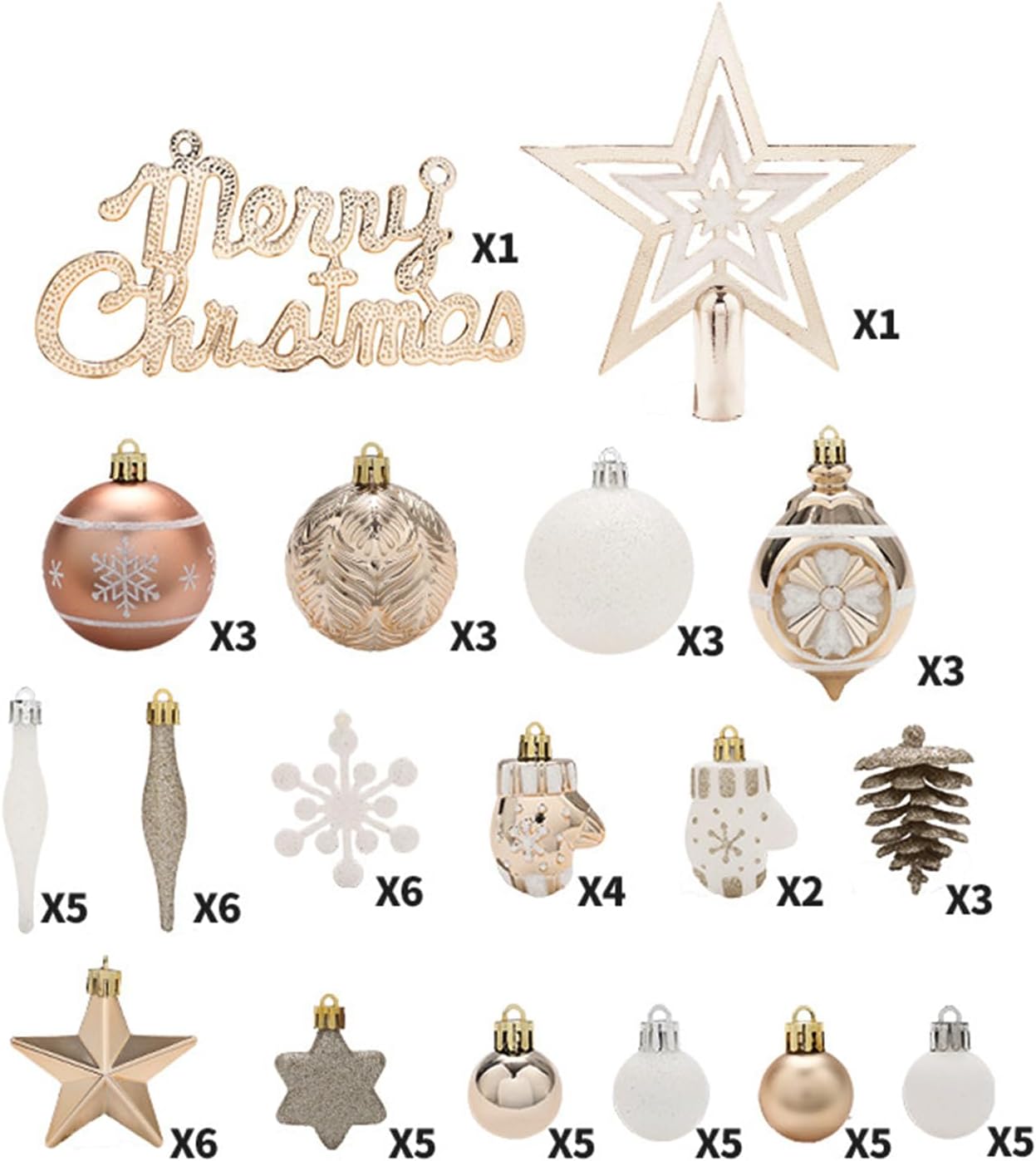 Garvee 70 Pcs Christmas Ball Ornaments Set, Christmas Ball Shatterproof Hanging Tree Ornament Assortment Set, Merry Christmas Sign & Top Tree Toppers, Xmas Outdoor Party Home Decor, Champagne