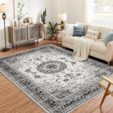 Garvee Washable Vintage Area Rug - 3x5 Traditional Oriental Medallion Floral Design, Stain Resistant Indoor Print Carpet for Entryway Bedroom Living Room Office Kitchen, Kid & Pet Friendly, Grey - Gray