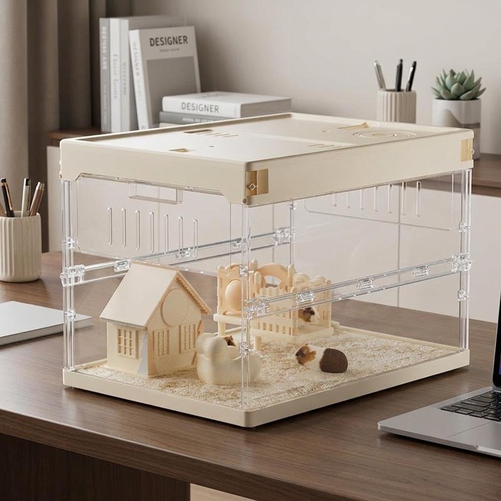 Garvee Acrylic Hamster Cage Starter Kit – Chew-Proof Small Animal Habitat with Platform, Wheel, Water Bottle, Hideout, Bowl & Accessories – Fits Hamsters, Gerbils, Chinchillas, Hedgehogs, Rats, Guinea Pigs – Size 45.2×31.4×33.1cm