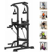 Garvee Freestanding Power Tower with Backrest & Resistance Bands for Home Gym, Adjustable Height 39-90", Black, 450 LBS Capacity