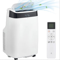A portable air conditioner with dehumidifier and fan features, displaying a digital readout, accompanied by a remote control.