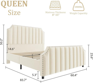 Garvee Queen Size Platform Bed Frame with 50.2" Headboard, Velvet Upholstered Bed Frame Queen with Vertical Channel Tufted Headboard & Footboard, Nailhead Trim, No Box Spring Needed, Cream