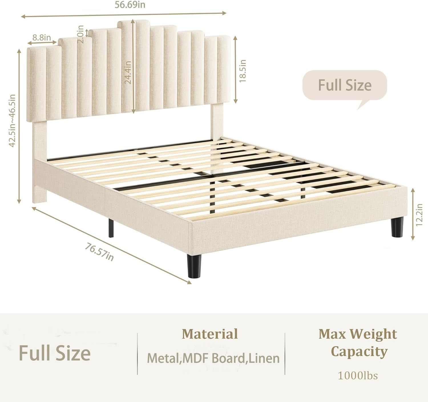 Garvee Full Size Piano Style Platform Bed Frame with Headboard and Strong Wooden Slats, Strong Weight Capacity, Non-Slip and noiseless,No Box Spring Needed, Easy Assembly,Beige