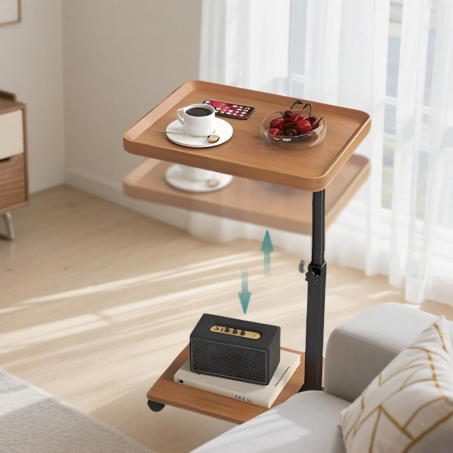 Garvee Modern C Shaped Tables Adjustable Height, 360° Swivel Lift Top Bed End Tables with Wheels, Small Side Table for Couch Living Room, Bedroom(Wood Color)